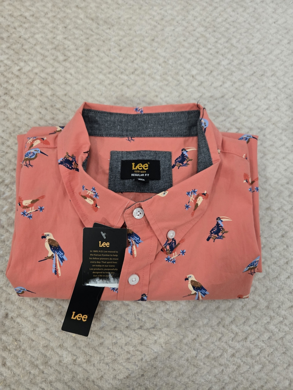 Lee XXL Coral Bird Print Button Up Shirt Cotton Short Sleeve Casual - Picture 12 of 13